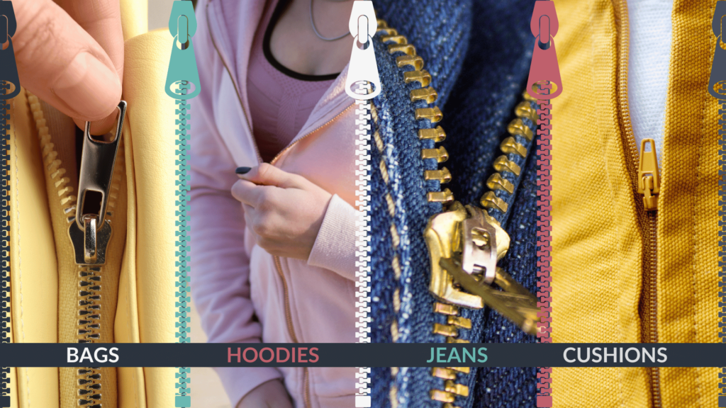 From bags, hoodies, jeans and cushions.  Zippers are everywhere. 